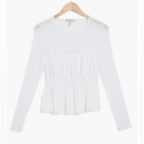BCBG NWT Mixed Media Sheer and Opaque White Peplum Top Sz Extra Small $78 - Picture 3 of 3